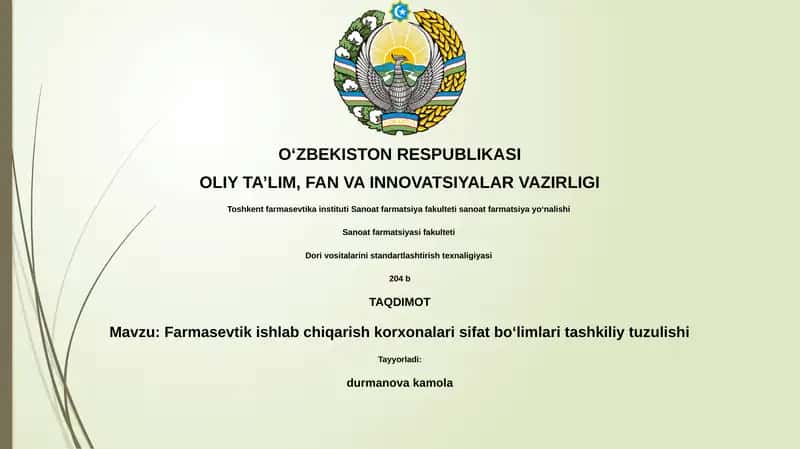Farmasevtik ishlab chiqarish korxonalari sifat boʻlimlari tashkiliy tuzulishi