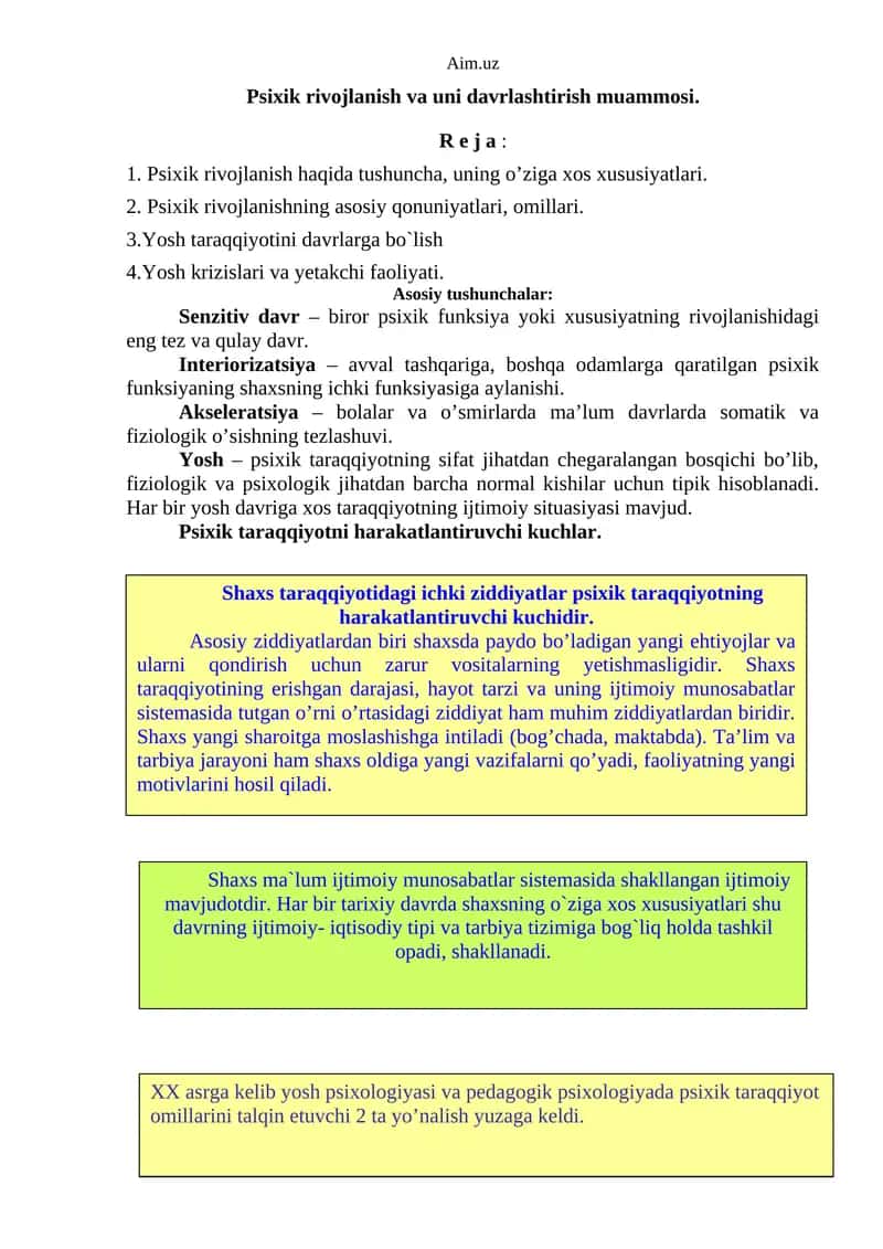 Psixik rivojlanish va uni davrlashtirish muammosi