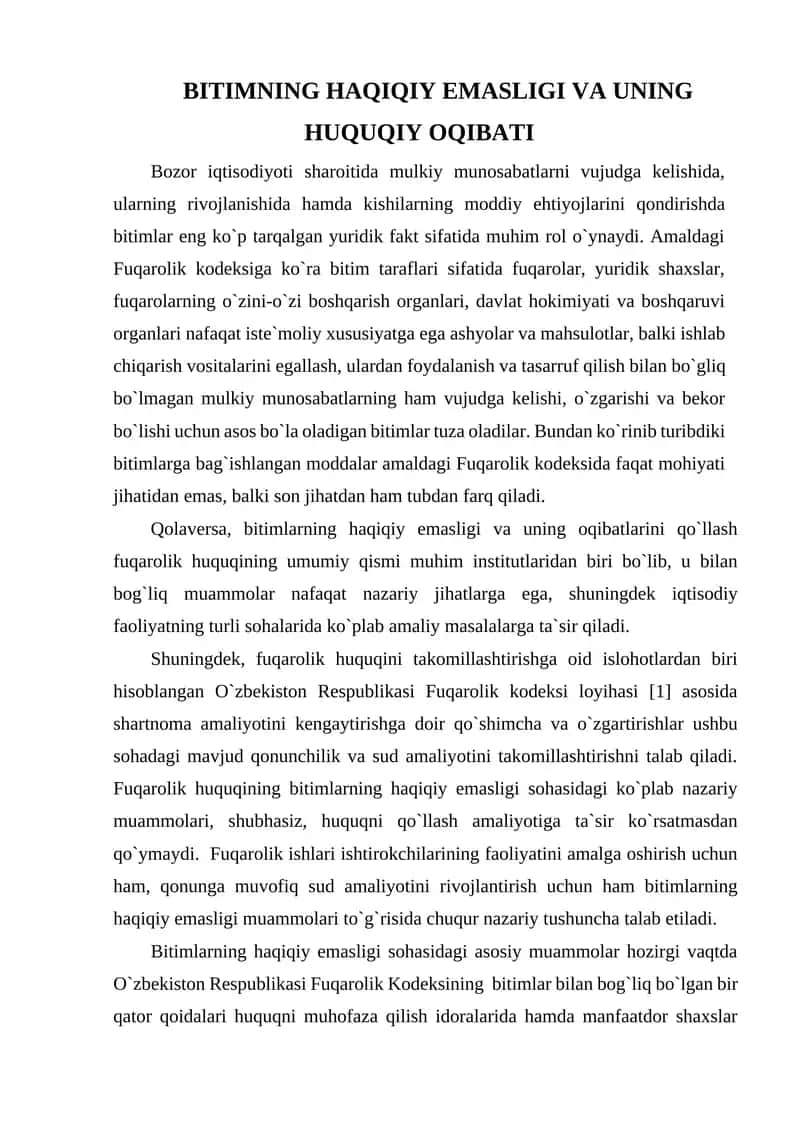 BITIMNING HAQIQIY EMASLIGI VA UNING HUQUQIY OQIBATI