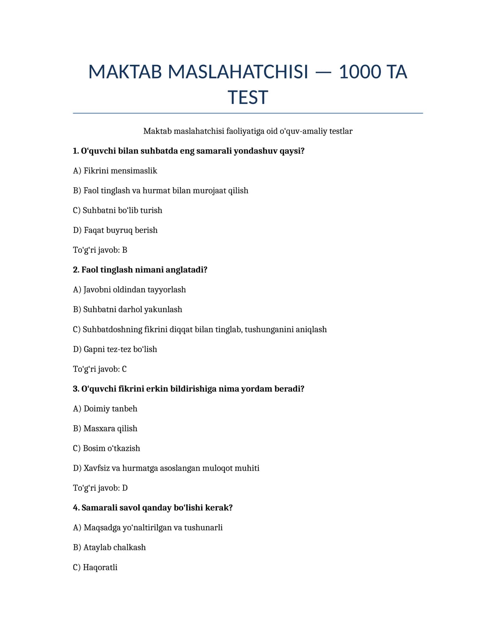 Maktab maslahatchisi uchun 1000 ta test savollari