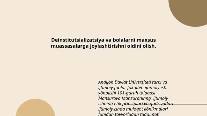 Mansurova Manzuraninng ijtimoiy ishning etik prinsiplari va qadriyatlari ijtimoiy ishda muloqot kônikmalari fanidan tayyorlagan taqdimoti