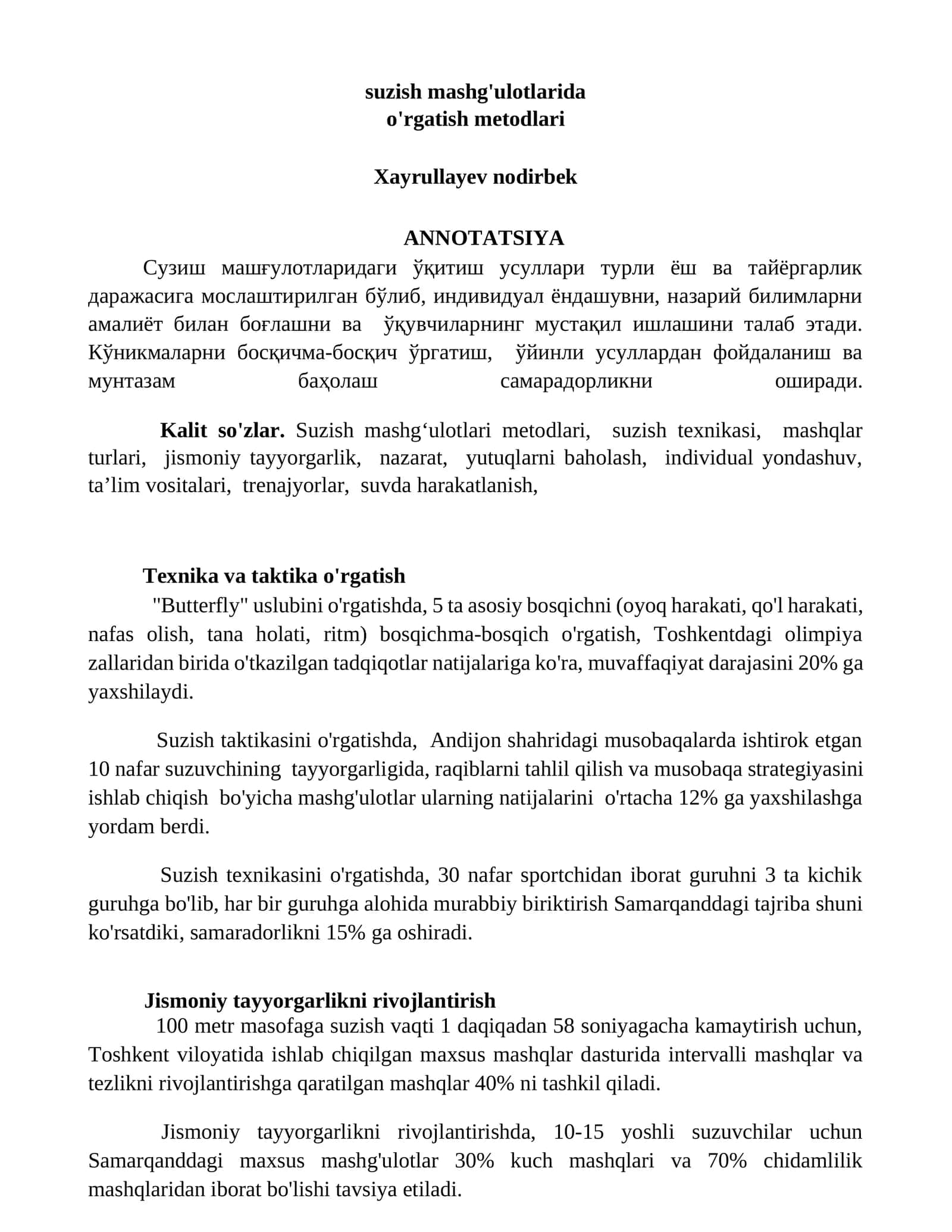 Suzish mashg'ulotlarida o'rgatish metodlari