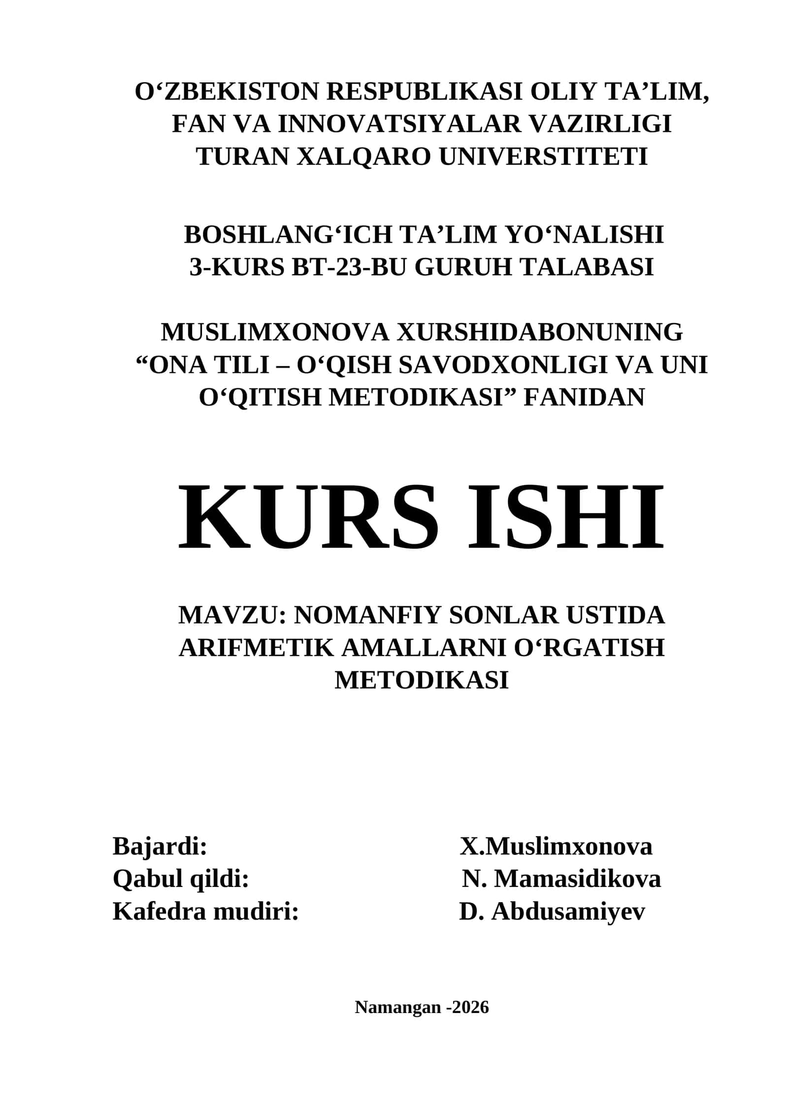 Nomanfiy sonlar ustida arifmetik amallarni o‘rgatish metodikasi