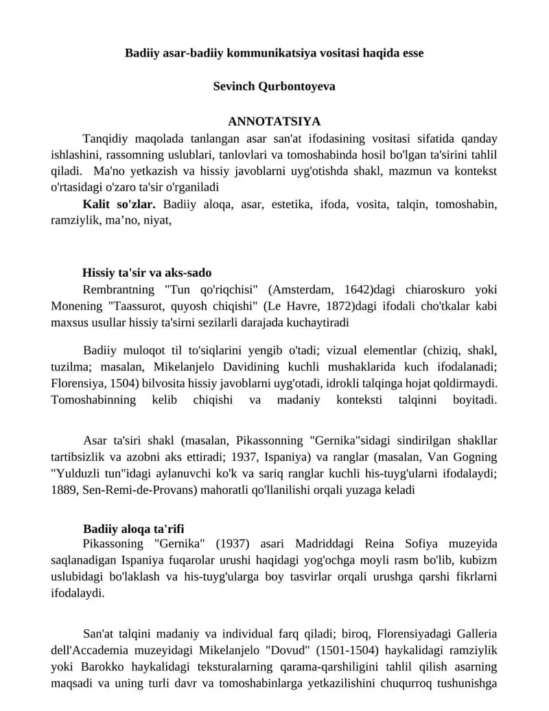 Badiiy asar-badiiy kommunikatsiya vositasi haqida esse