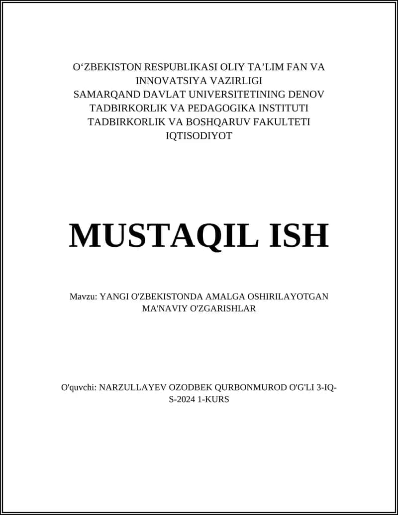 YANGI O'ZBEKISTONDA AMALGA OSHIRILAYOTGAN MA'NAVIY O'ZGARISHLAR