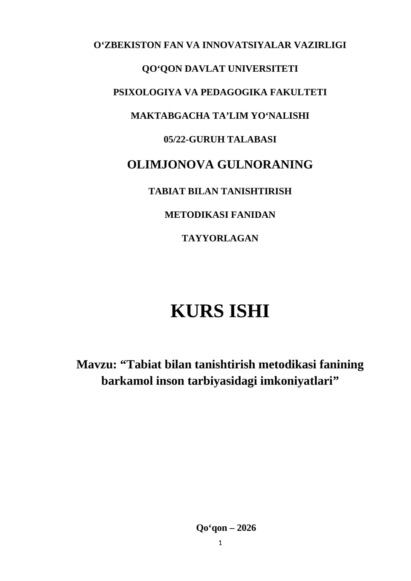 Tabiat bilan tanishtirish metodikasi fanidan Kurs ishi