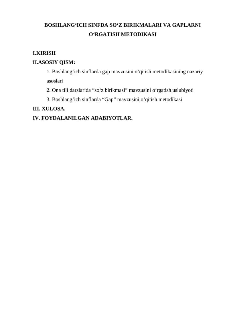 BOSHLANG‘ICH SINFDA SO‘Z BIRIKMALARI VA GAPLARNI O‘RGATISH METODIKASI