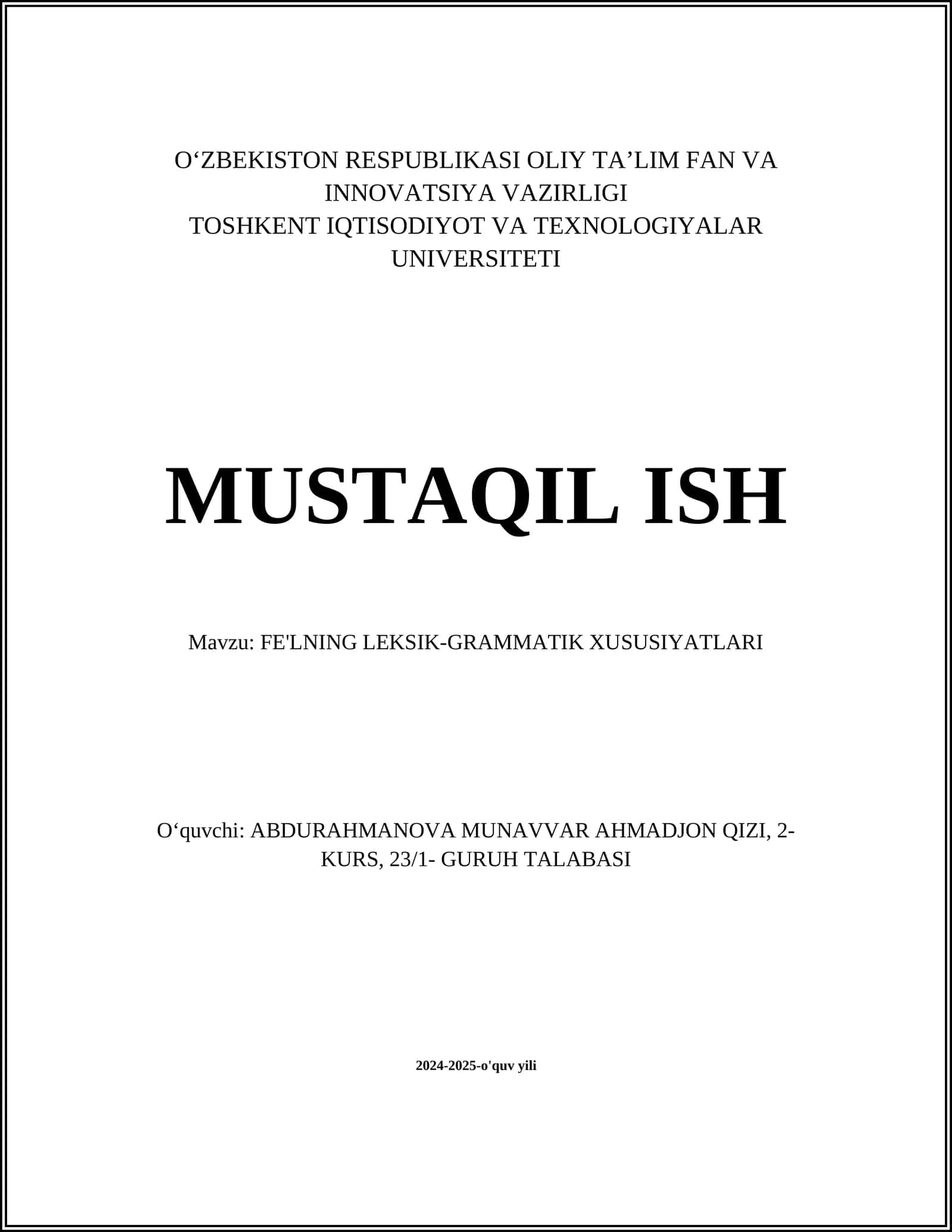 FE'LNING LEKSIK-GRAMMATIK XUSUSIYATLARI