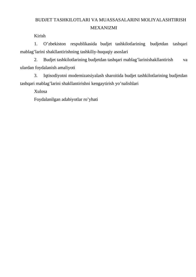 BUDJET TASHKILOTLARI VA MUASSASALARINI MOLIYALASHTIRISH MEXANIZMI