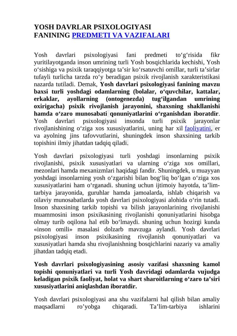 Yosh davrlari psixologiyasi fanining PREDMETI VA VAZIFALARI