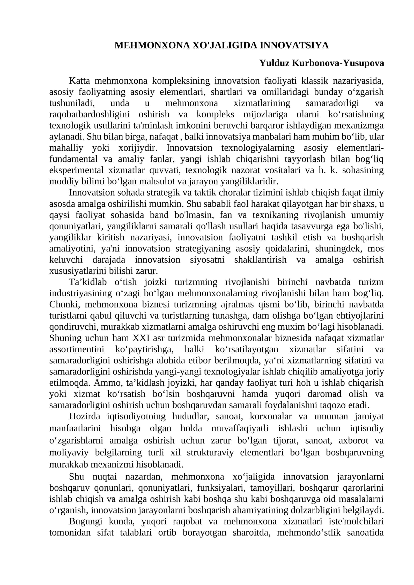 MEHMONXONA XO'JALIGIDA INNOVATSIYA