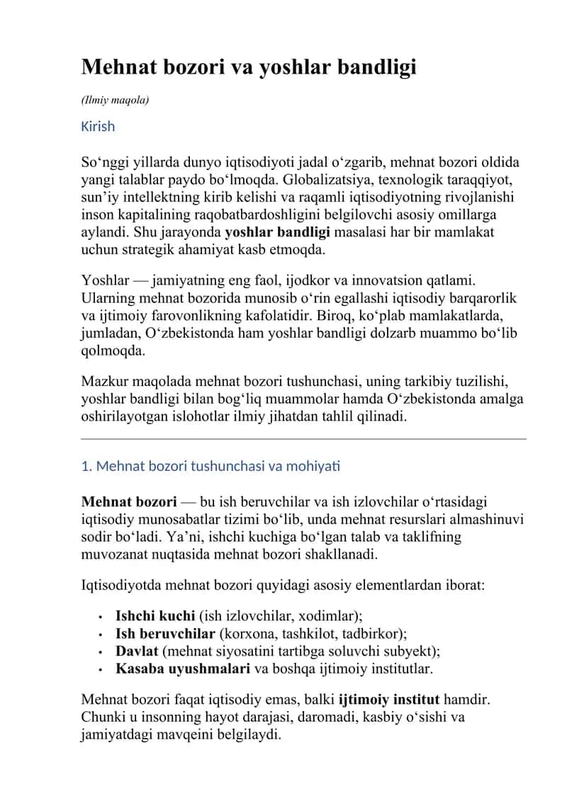 Mehnat bozori va yoshlar bandligi