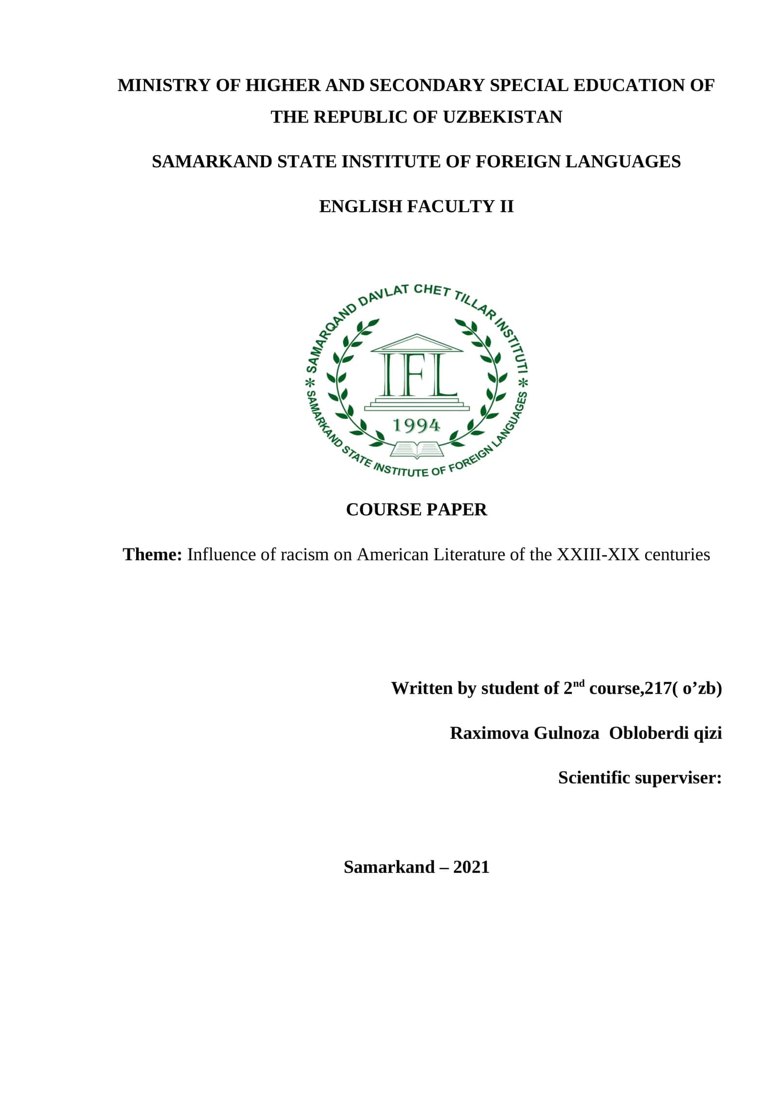 English Course Paper on Influence of Racism on American Literature