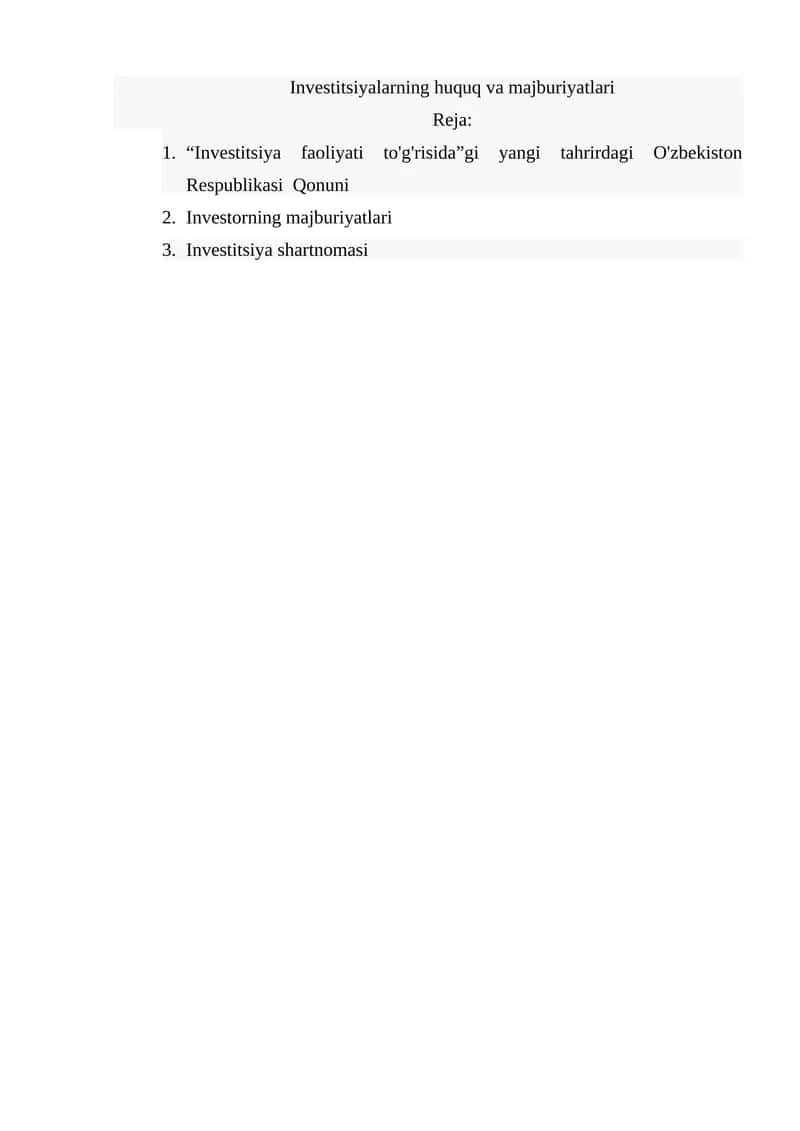Investitsiyalarning huquq va majburiyatlari