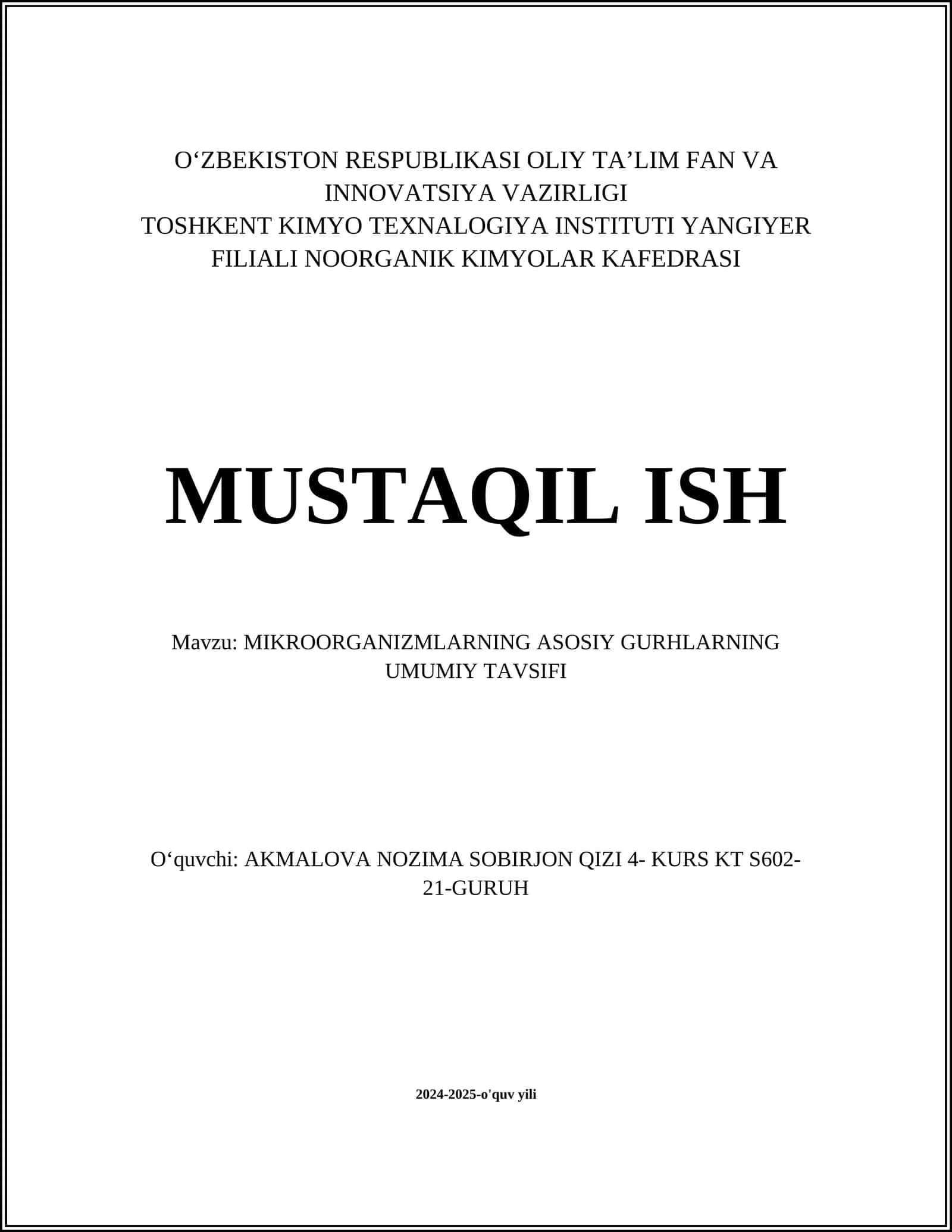 MIKROORGANIZMLARNING ASOSIY GURHLARNING UMUMIY TAVSIFI