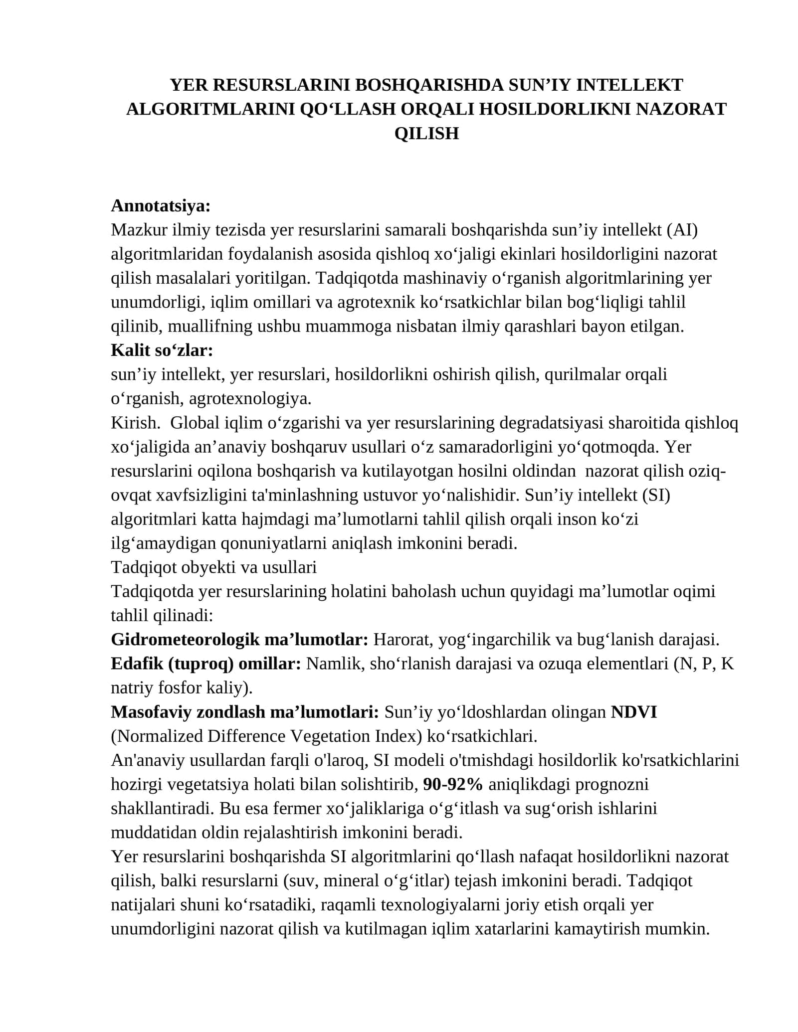 YER RESURSLARINI BOSHQARISHDA SUN’IY INTELLEKT ALGORITMLARINI QO'LLASH ORQALI HOSILDORLIKNI NAZORAT QILISH