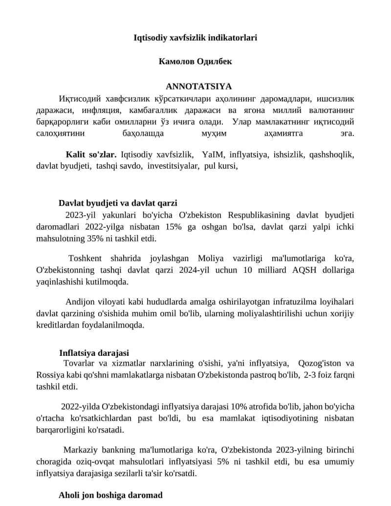 Iqtisodiy xavfsizlik indikatorlari