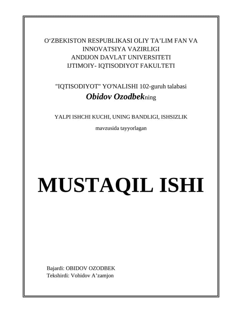 Yalpi ishchi kuchi, uning bandligi, ishsizlik