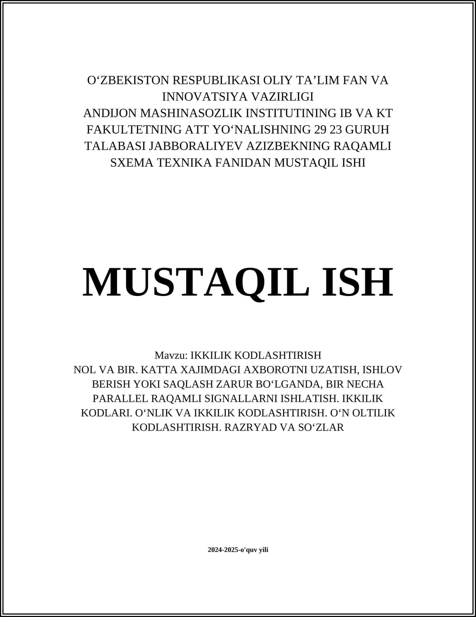 RAQAMLI SXEMA TEXNIKA FANIDAN MUSTAQIL ISHI