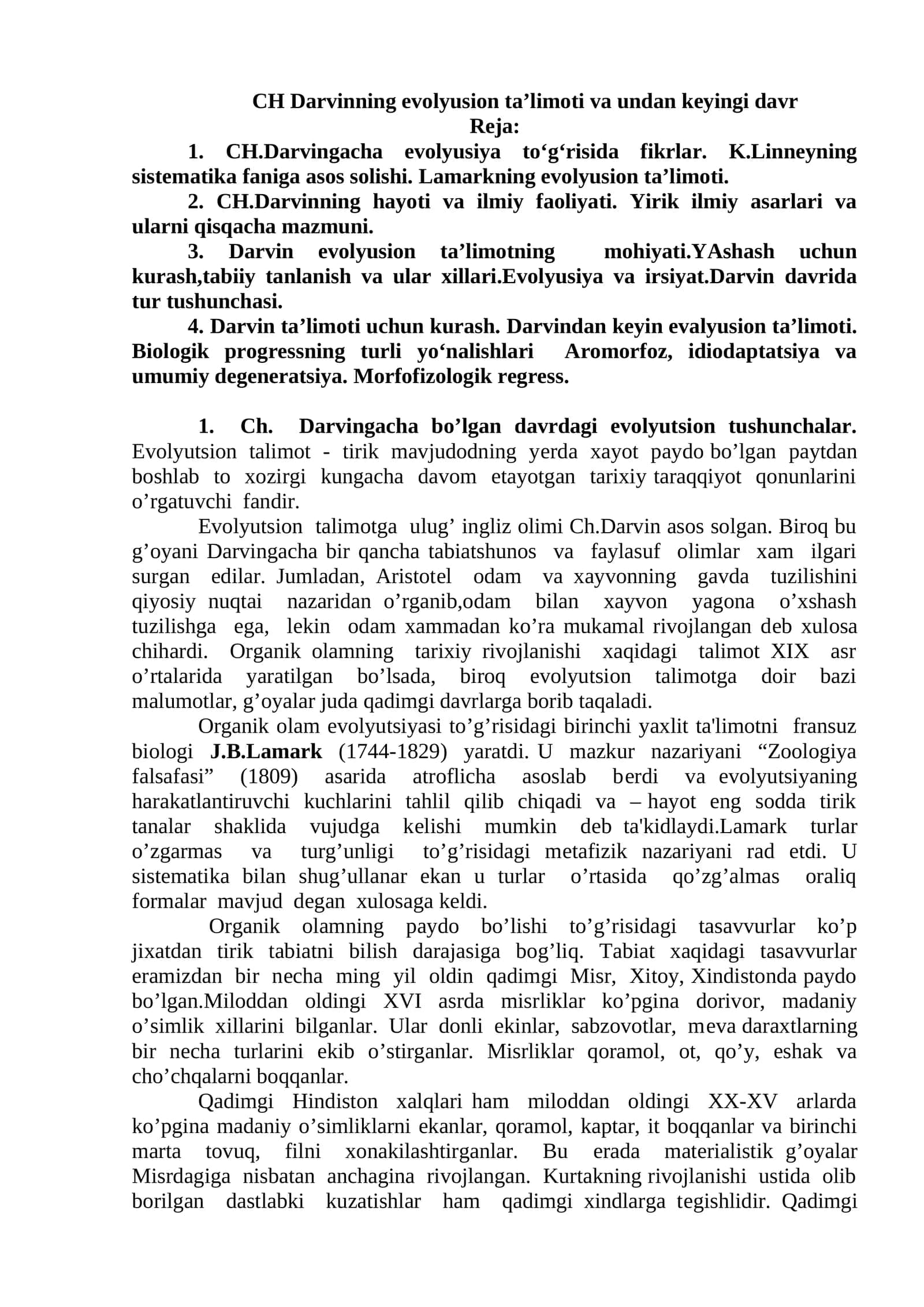 CH Darvinning evolyusion ta’limoti va undan keyingi davr