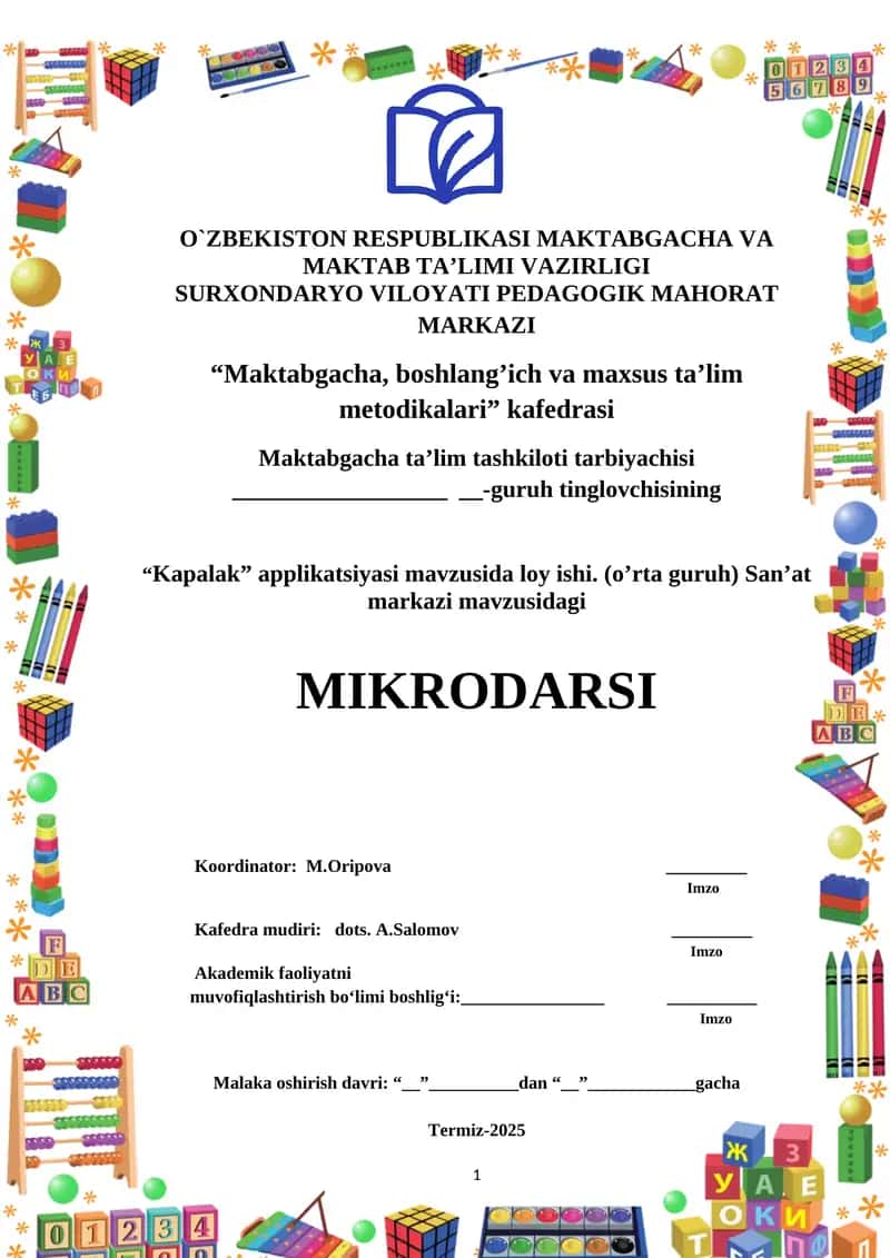 “Kapalak” applikatsiyasi mavzusida loy ishi. (oʼrta guruh) Sanʼat markazi