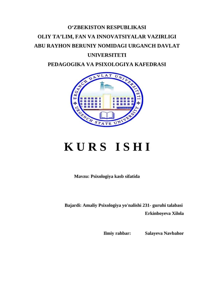 Psixologiya kasb sifatida kurs ishi