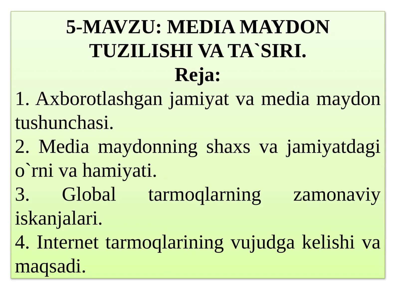 MEDIA MAYDON TUZILISHI VA TA`SIRI