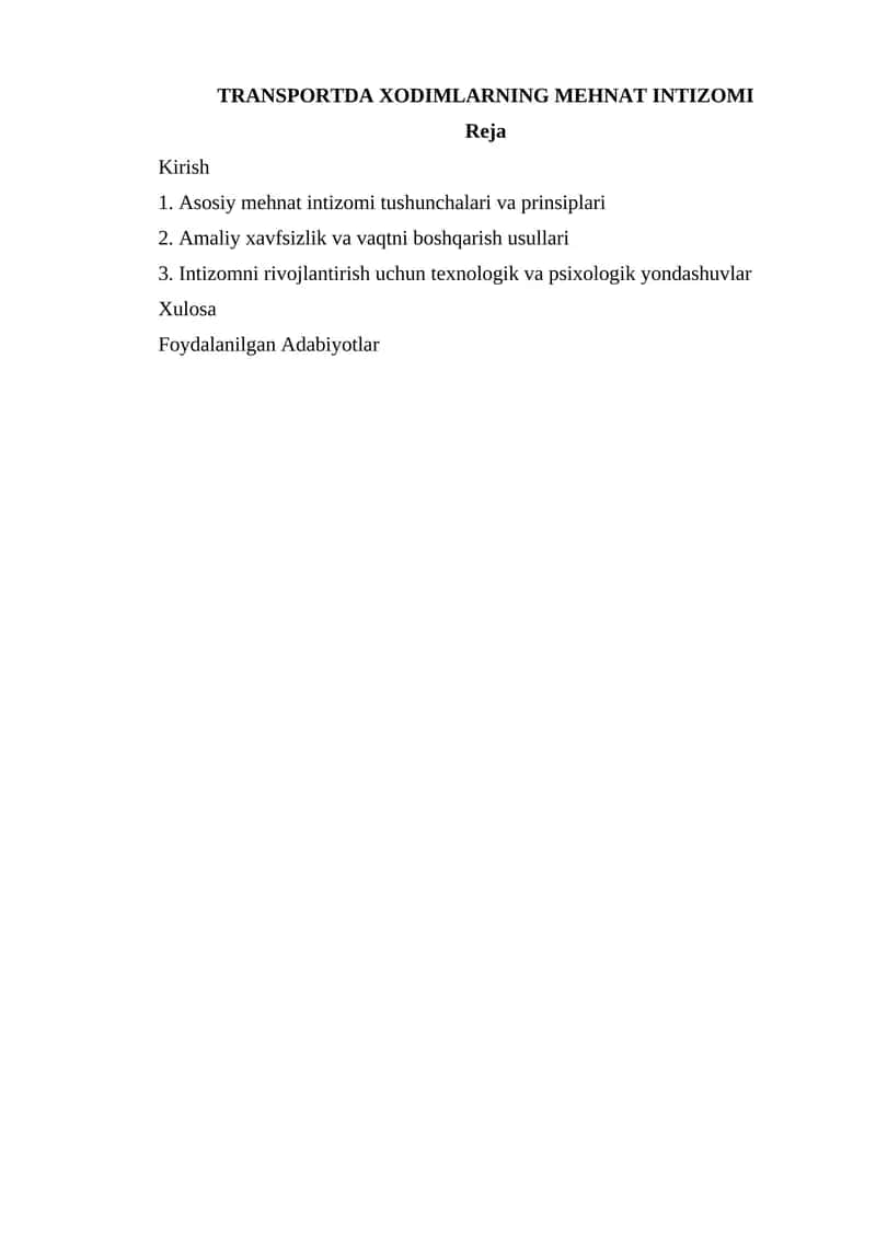 Transportda xodimlarning mehnat intizomi