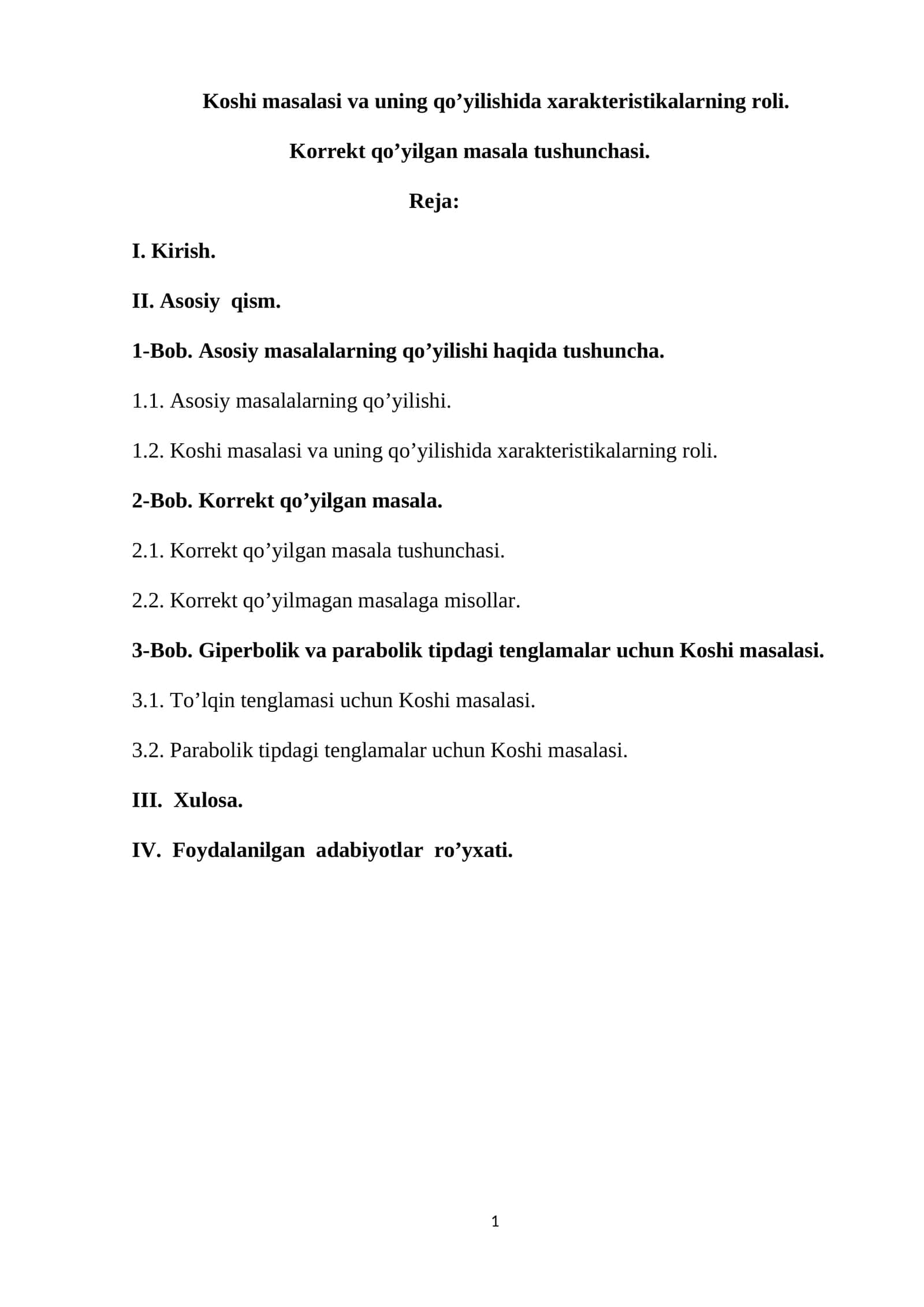 Koshi masalasi va uning qo’yilishida xarakteristikalarning roli