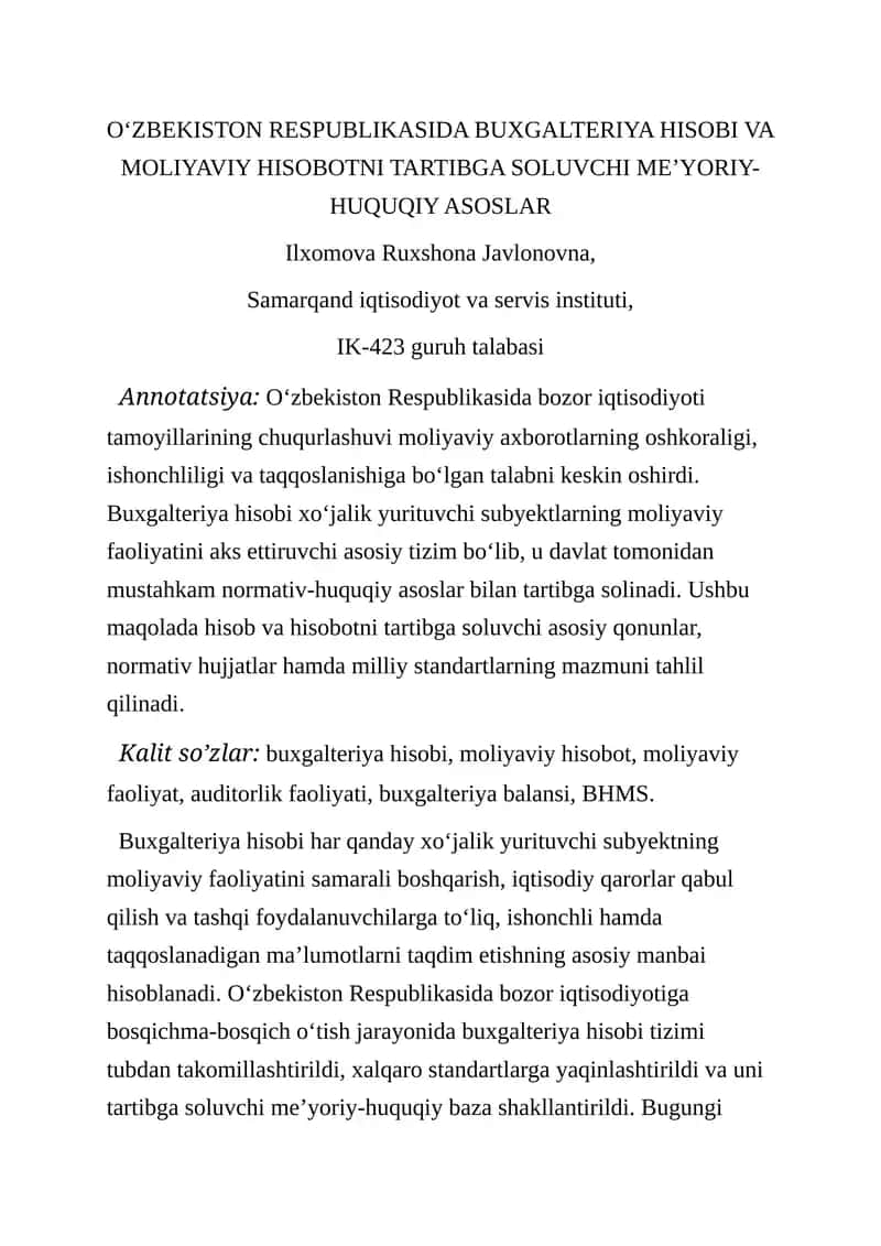 Buxgalteriya Hisobi va Moliyaviy Hisobotni Tartibga Soluvchi Me’yoriy-Huquqiy Asoslar
