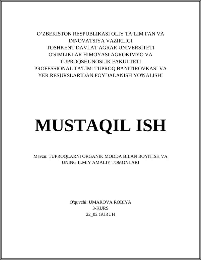 TUPROQLARNI ORGANIK MODDA BILAN BOYITISH VA UNING ILMIY AMALIY TOMONLARI