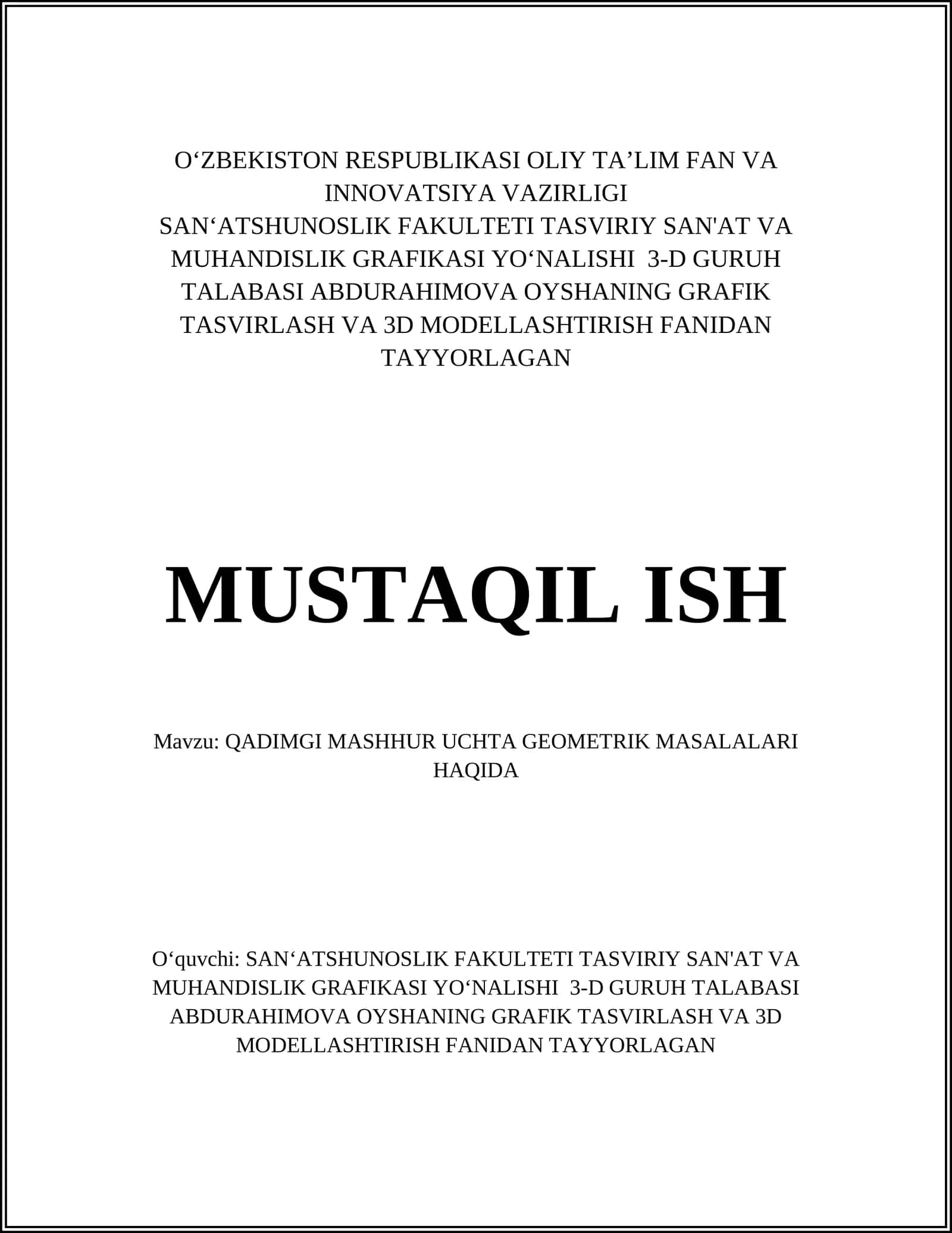 QADIMGI MASHHUR UCHTA GEOMETRIK MASALALARI HAQIDA