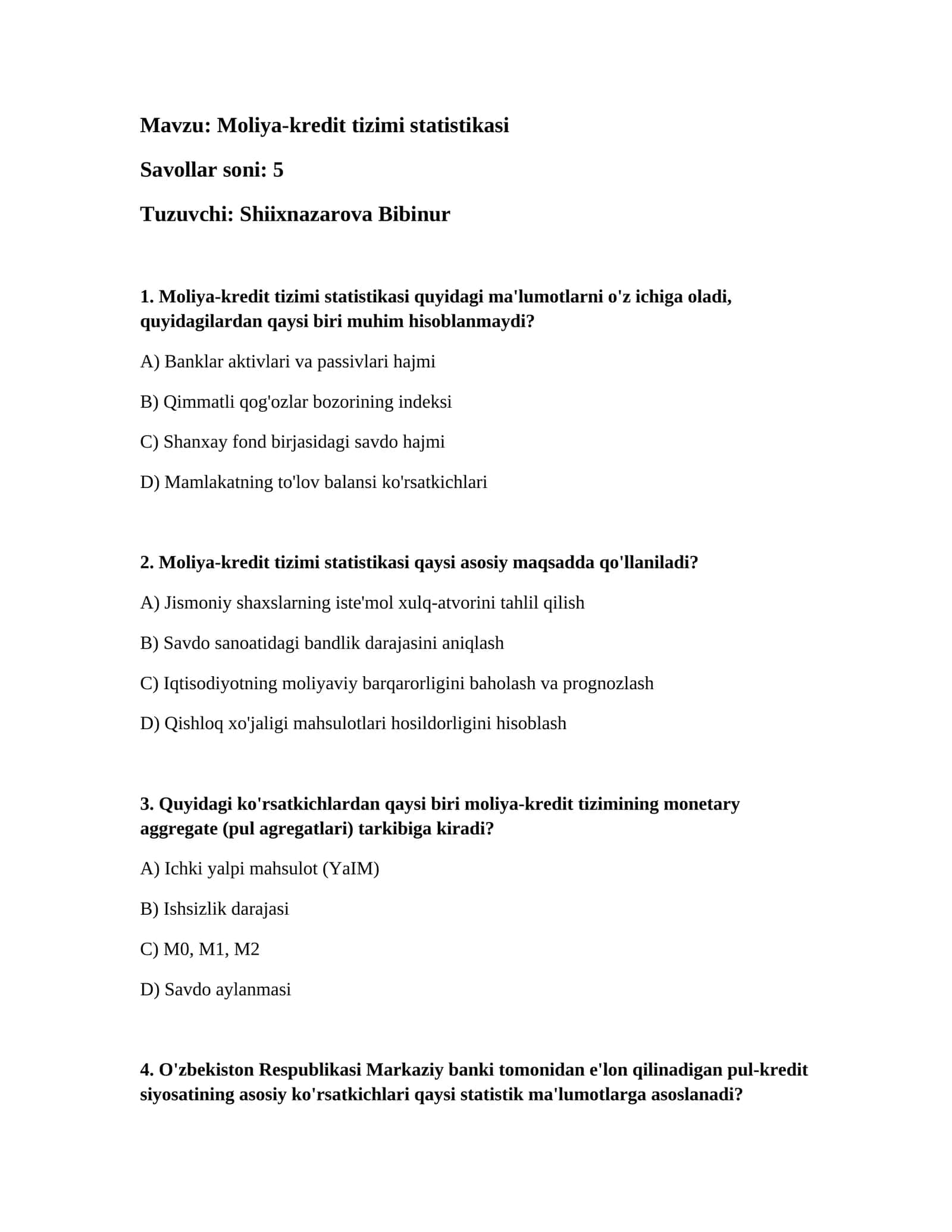 Moliya-kredit tizimi statistikasi
