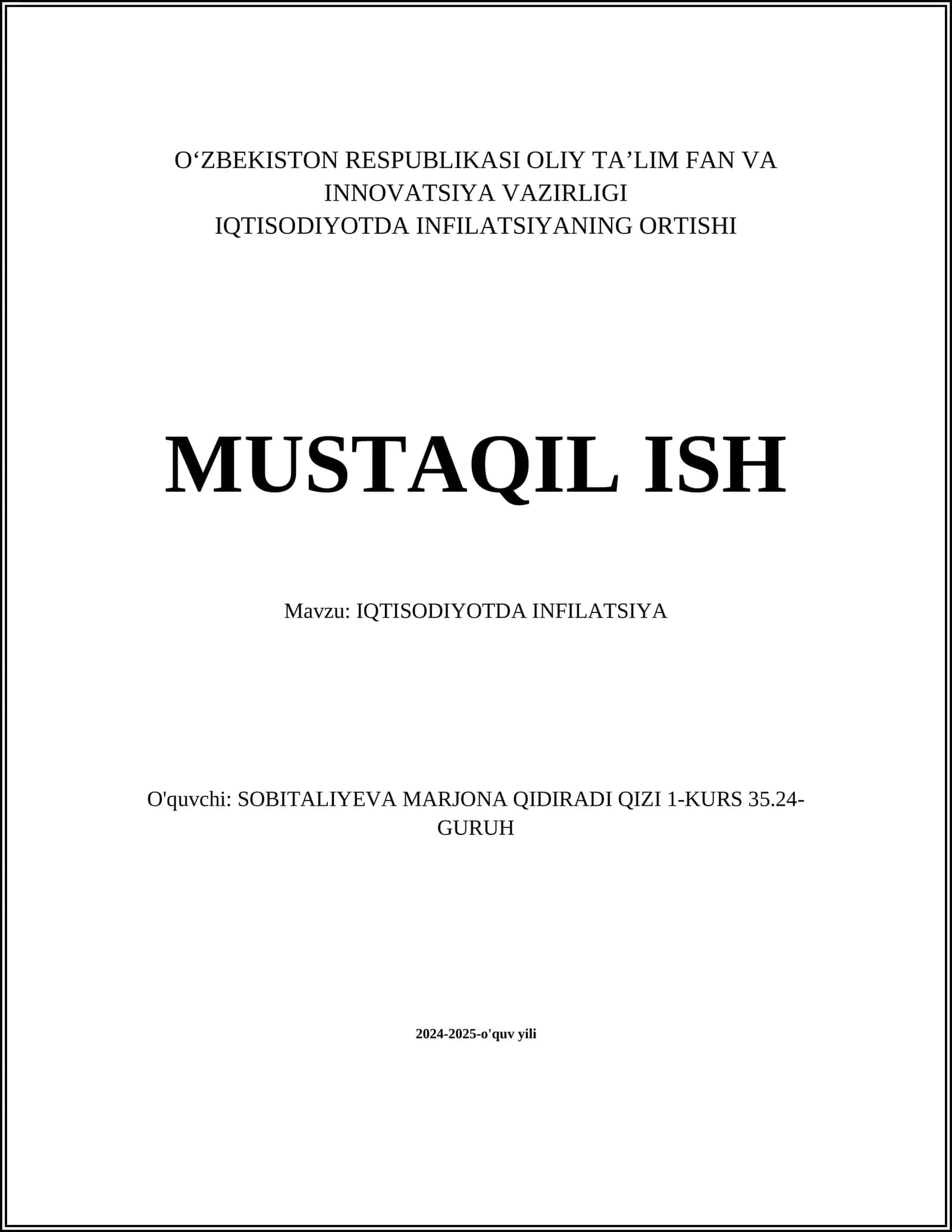 IQTISODIYOTDA INFILATSIYANING ORTISHI