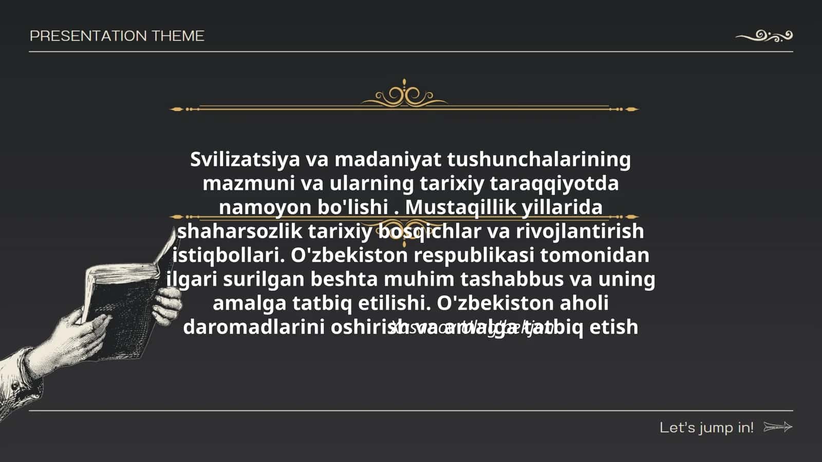 Svilizatsiya va madaniyat tushunchalarining mazmuni va ularning tarixiy taraqqiyotda namoyon bo'lishi. Mustaqillik yillarida shaharsozlik tarixiy bosqichlar va rivojlantirish istiqbollari. O'zbekiston respublikasi tomonidan ilgari surilgan beshta muhim tashabbus va uning amalga tatbiq etilishi. O'zbekiston aholi daromadlarini oshirish va amalga tatbiq etish