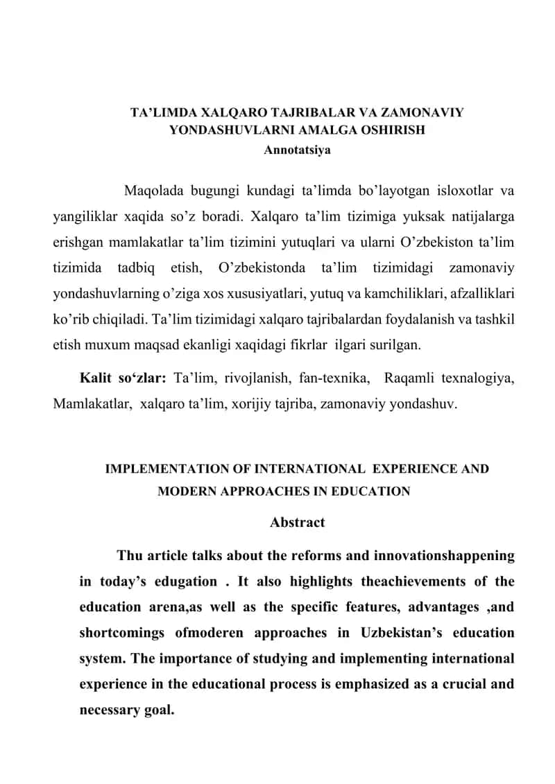 TA’LIMDA XALQARO TAJRIBALAR VA ZAMONAVIY YONDASHUVLARNI AMALGA OSHIRISH