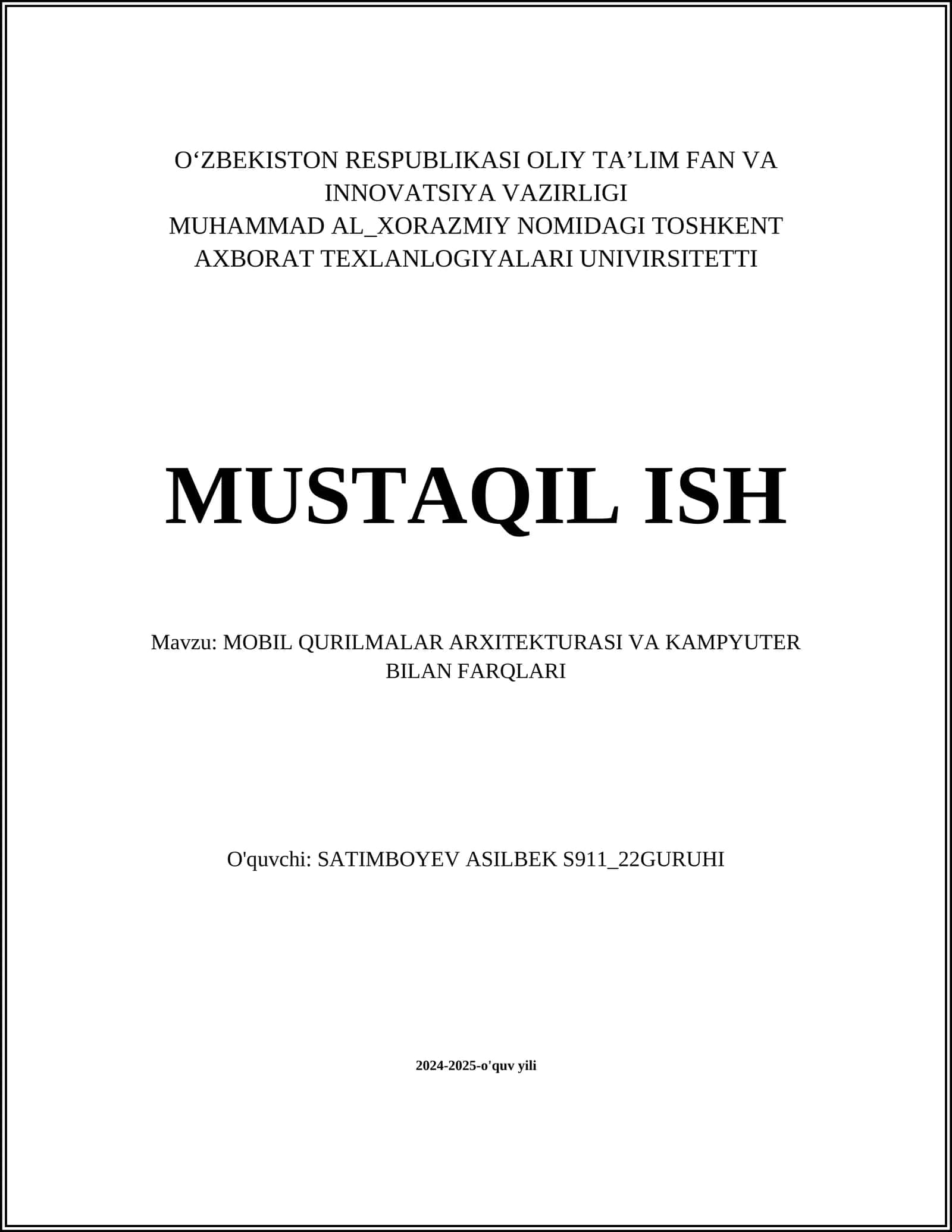 MOBIL QURILMALAR ARXITEKTURASI VA KAMPYUTER BILAN FARQLARI