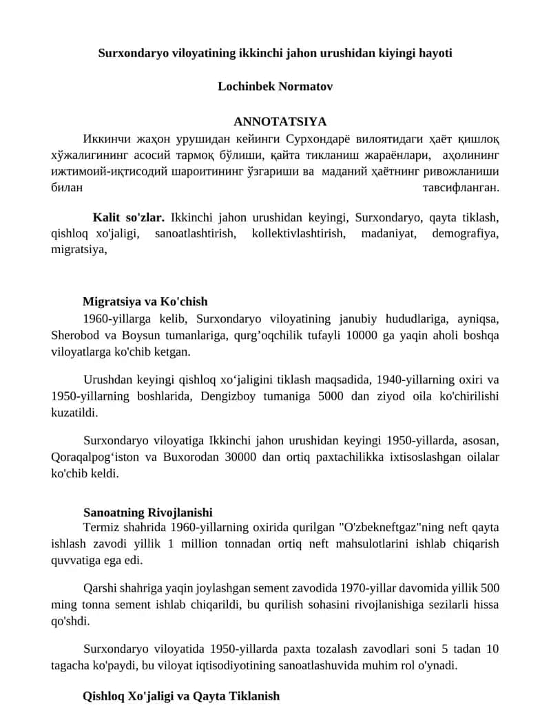 Surxondaryo viloyatining ikkinchi jahon urushidan kiyingi hayoti