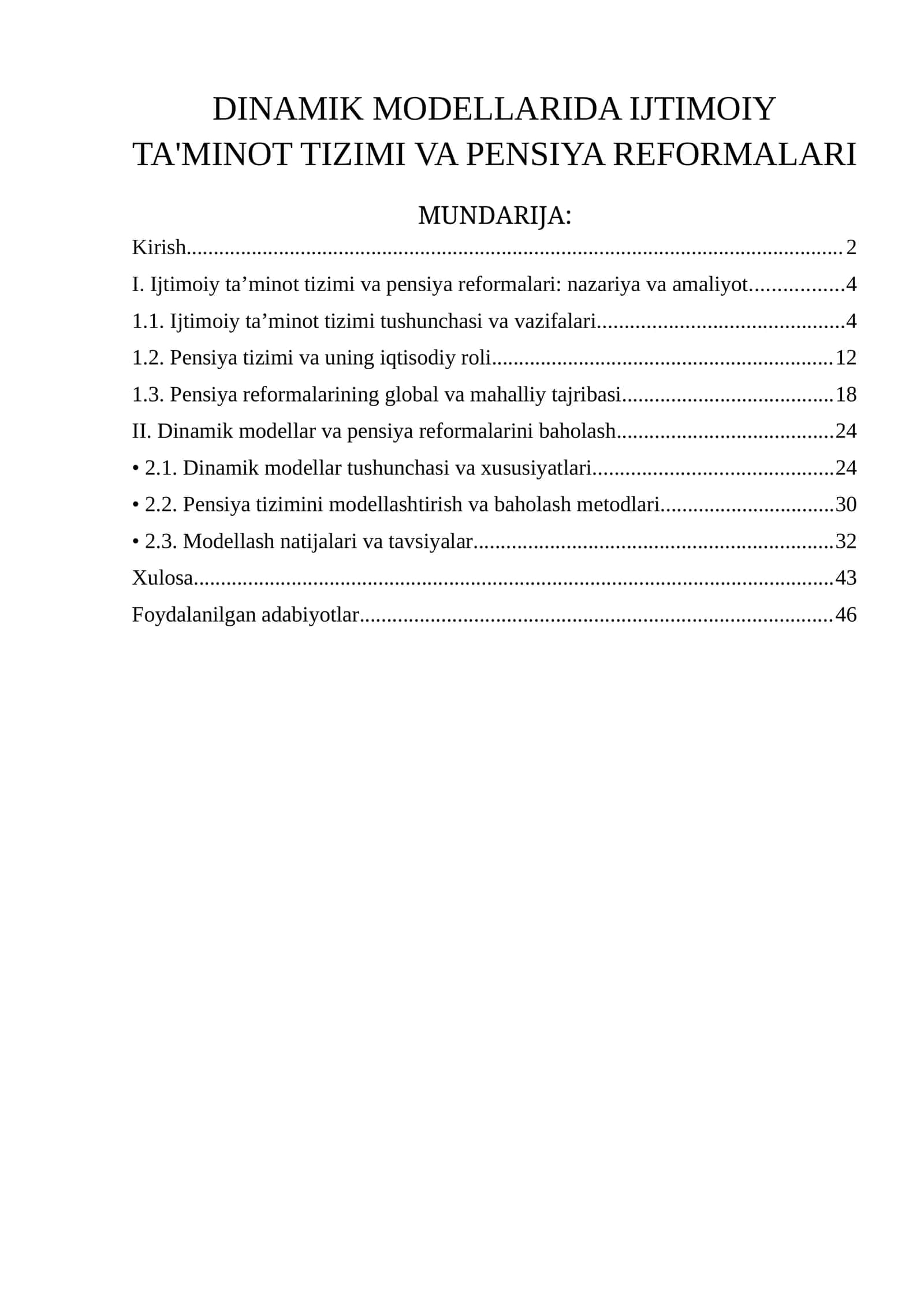 DINAMIK MODELLARIDA IJTIMOIY TA'MINOT TIZIMI VA PENSIYA REFORMALARI