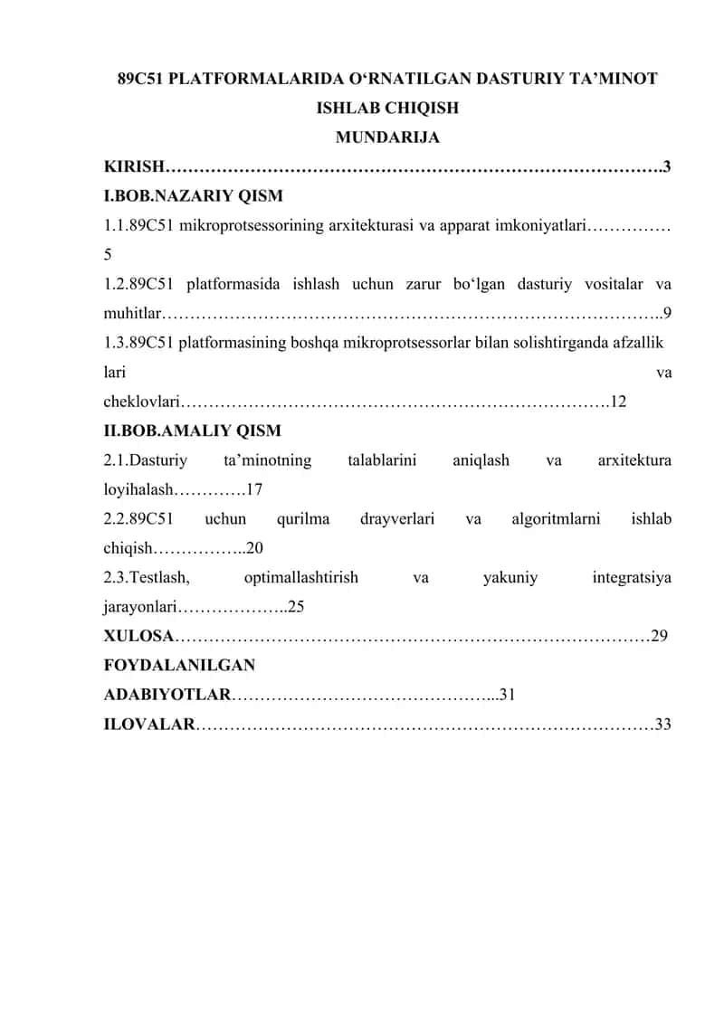 89C51 PLATFORMALARIDA O‘RNATILGAN DASTURIY TA’MINOT ISHLAB CHIQISH