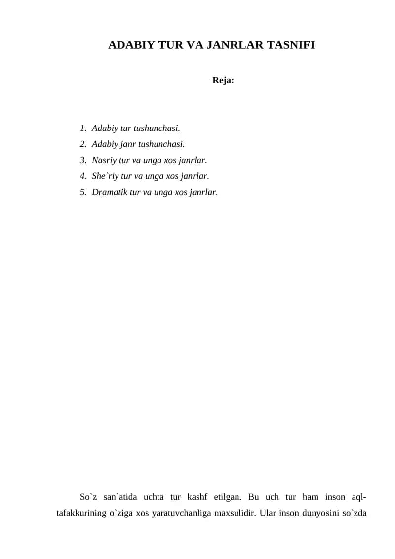 ADABIY TUR VA JANRLAR TASNIFI