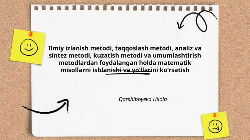 Ilmiy izlanish metodi, taqqoslash metodi, analiz va sintez metodi, kuzatish metodi va umumlashtirish metodlardan foydalangan holda matematik misollarni ishlanishi va yoʻllarini koʻrsatish