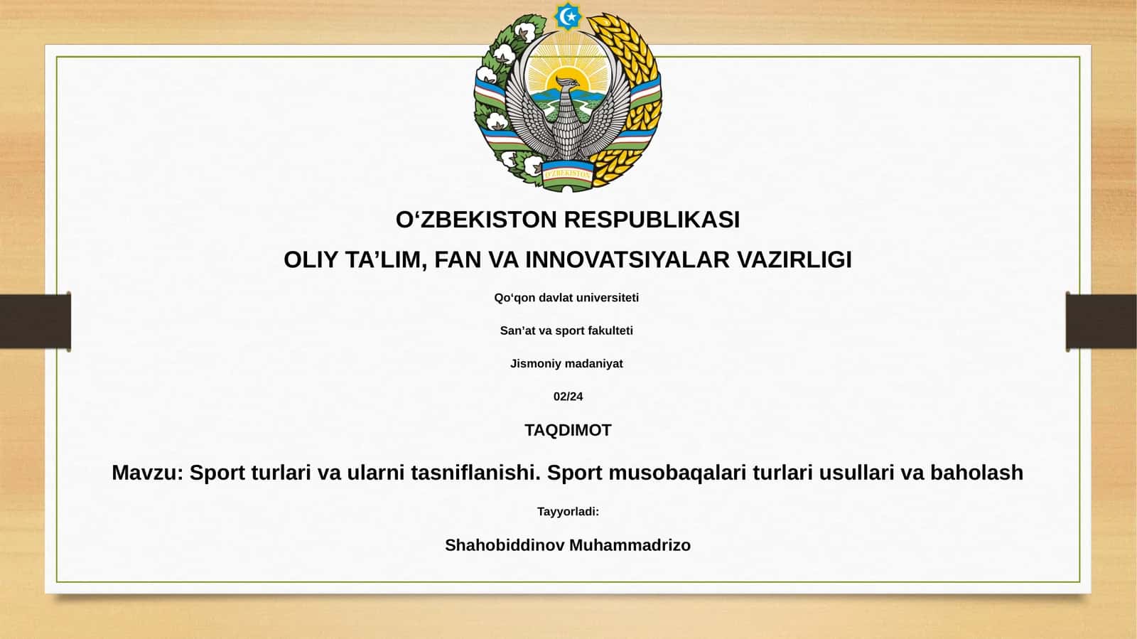 Sport turlari va ularni tasniflanishi. Sport musobaqalari turlari usullari va baholash