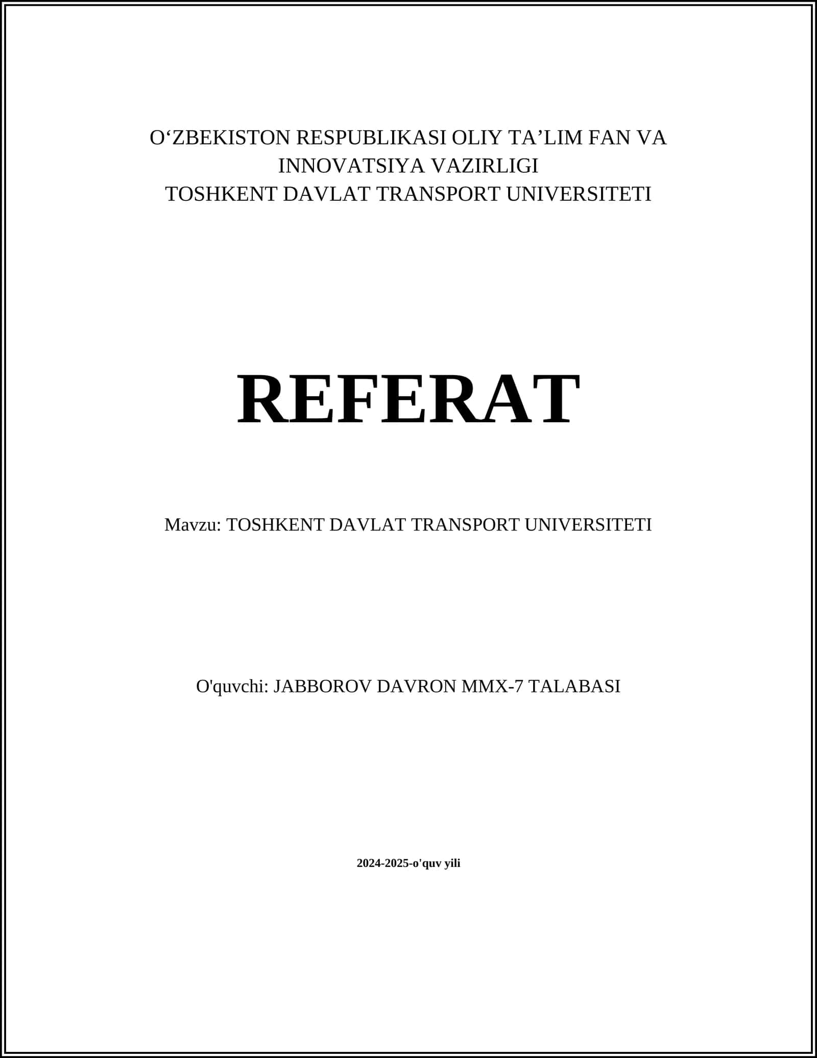 TOSHKENT DAVLAT TRANSPORT UNIVERSITETI