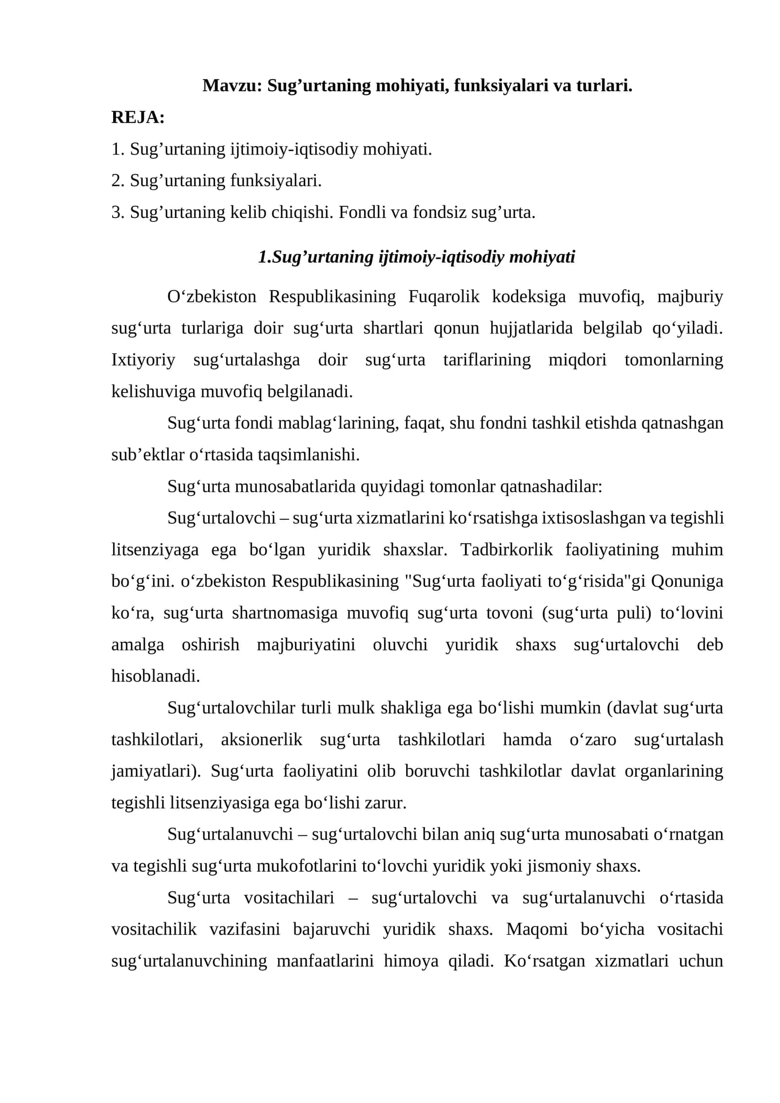 Sug’urtaning mohiyati, funksiyalari va turlari