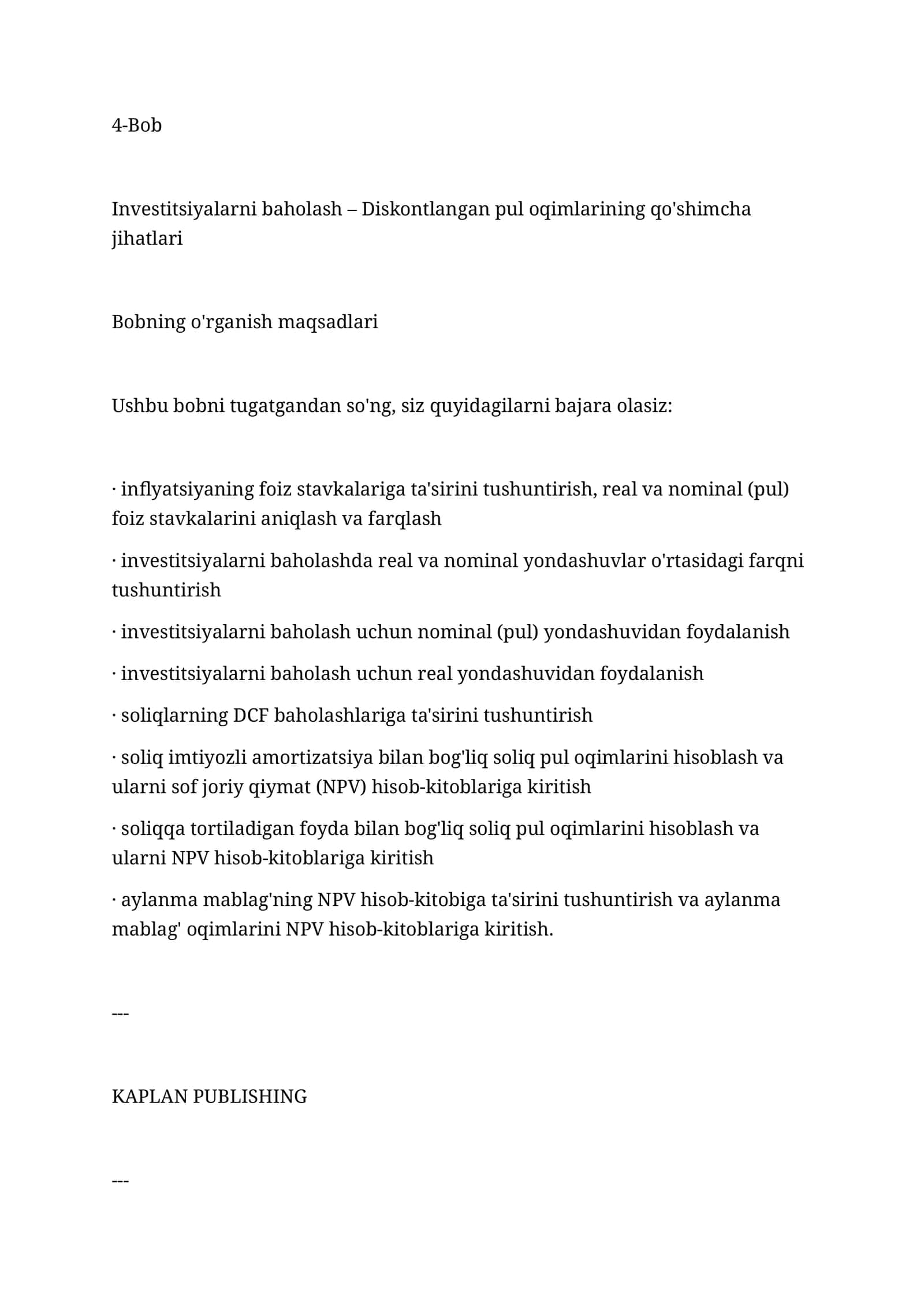 Investitsiyalarni baholash – Diskontlangan pul oqimlarining qo'shimcha jihatlari