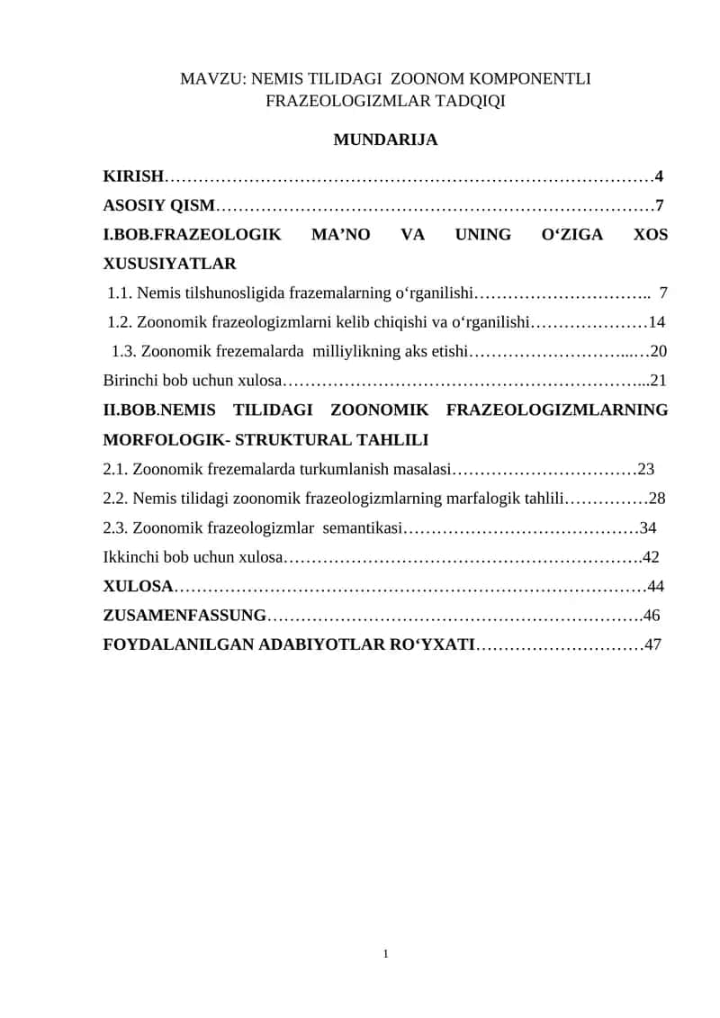 NEMIS TILIDAGI ZOONOM KOMPONENTLI FRAZEOLOGIZMLAR TADQIQI