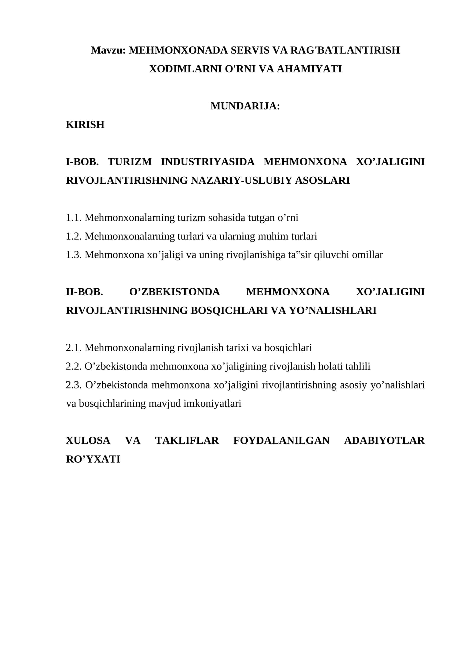MEHMONXONADA SERVIS VA RAG'BATLANTIRISH XODIMLARNI O'RNI VA AHAMIYATI