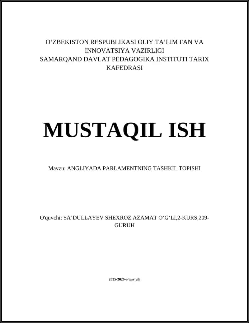 ANGLIYADA PARLAMENTNING TASHKIL TOPISHI