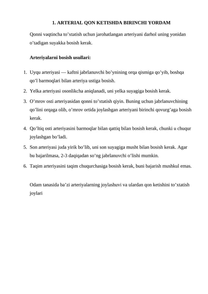 Arterial qon ketishda birinchi yordam